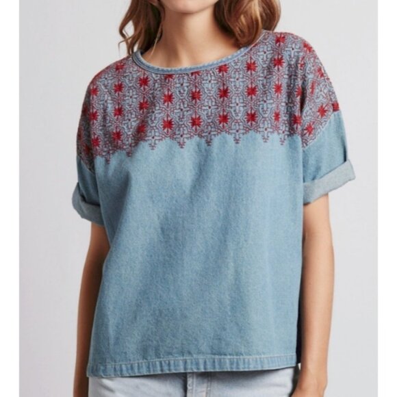Current/Elliott The Embroidered Top Size 1 Small Womens Denim Blouse - Picture 1 of 14